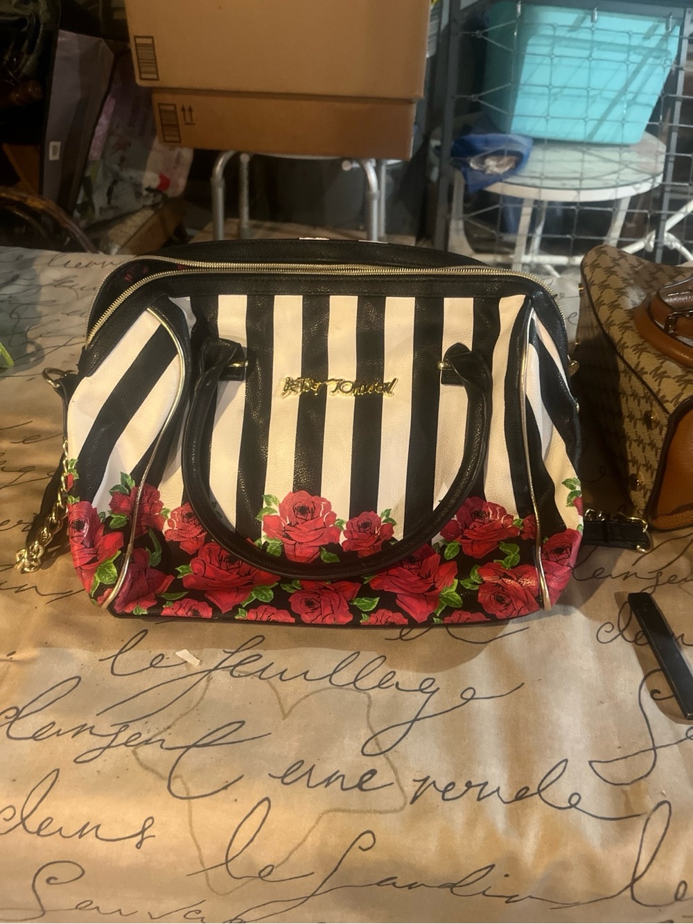 Betsey Johnson Black & White Striped Tote with Red Rose Border